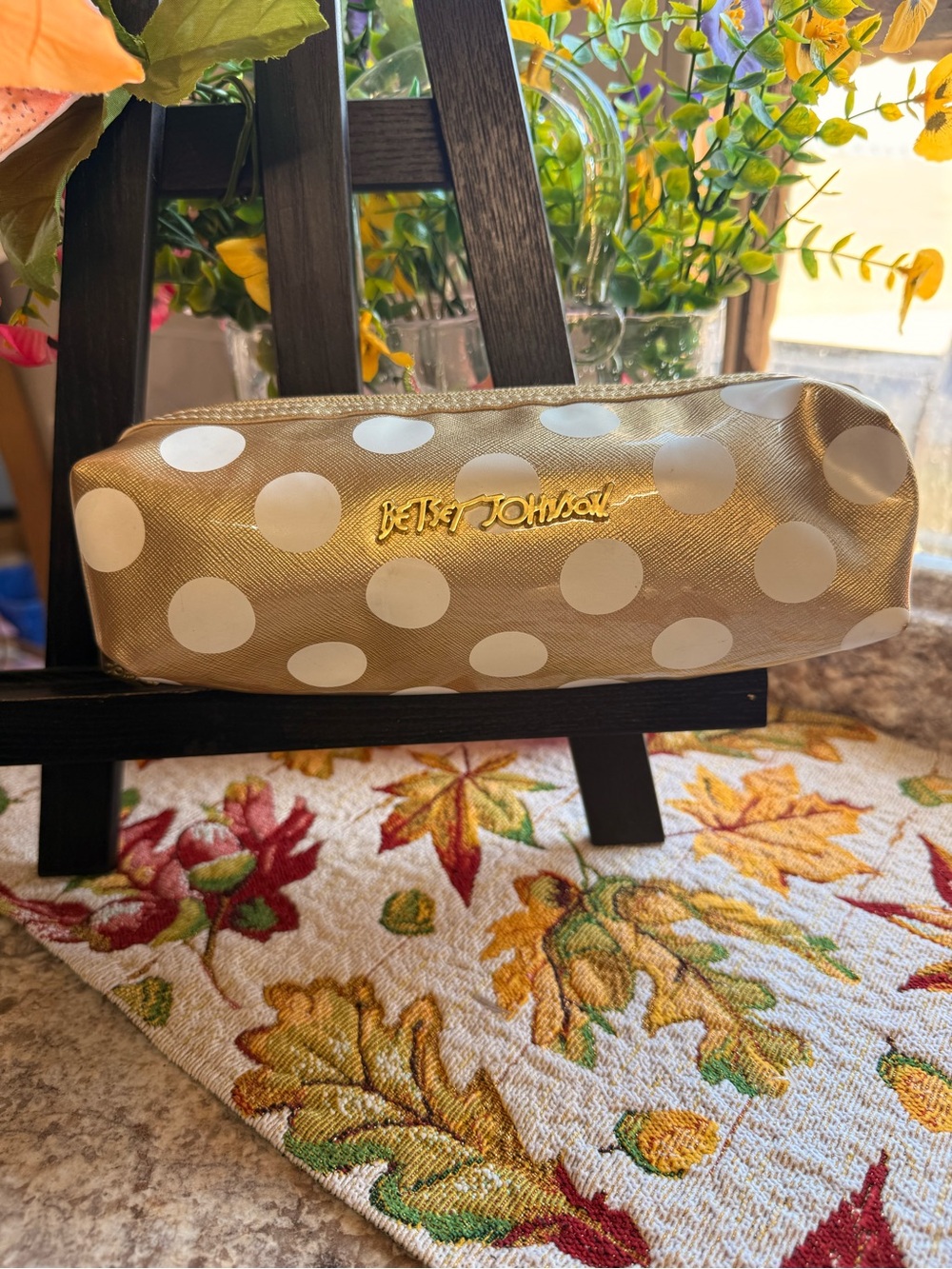 Betsey Johnson Gold and White Polka Dot Makeup Pouch